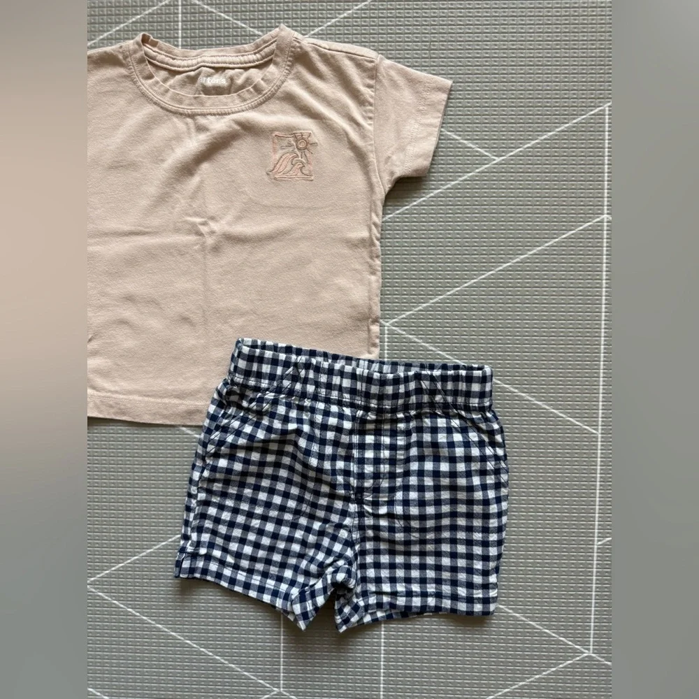 Neutral Pink Tee and Navy Gingham Kids Shorts Set